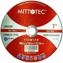 DISCO CORTE AC.INOX 7" -1.6MM MITTOTEC